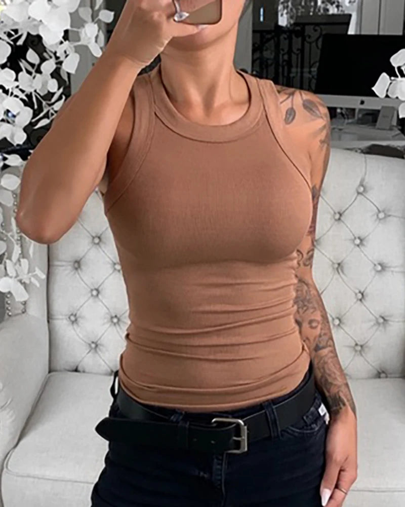 Solid Round Neck Ribbed Tank Top Camisole Women Summer Basic Elastic Tank