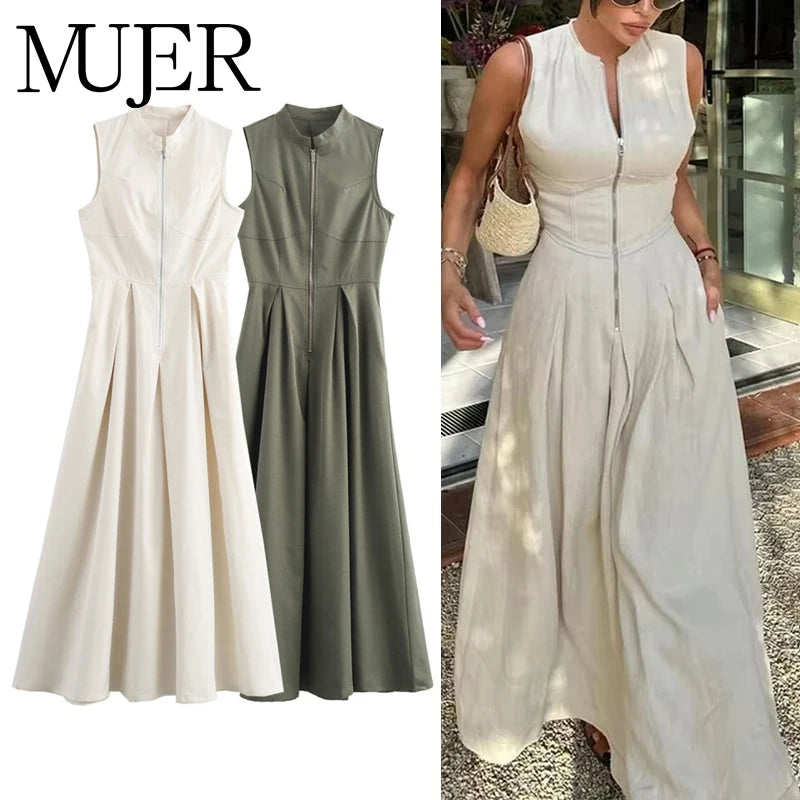 Zipper Long Dress Woman Pleated Sleeveless Bodycon