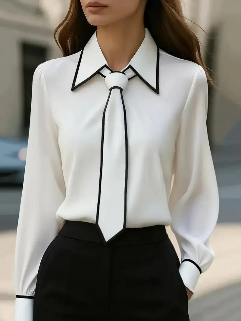 Blouse Fashion Shirt Formal Bow Tie Long-sleeve Contrasting