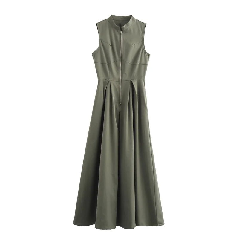 Zipper Long Dress Woman Pleated Sleeveless Bodycon