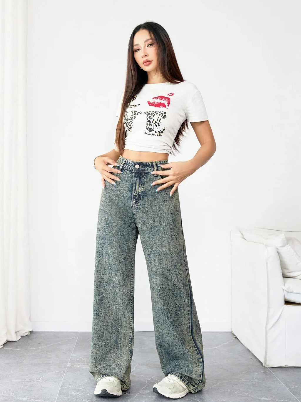 Chic Loose Fit Wide Leg Denim Jeans for Women High Waist Flattering Pants