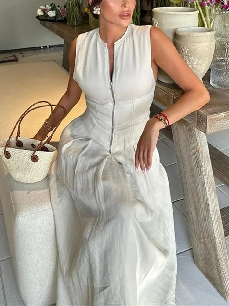 Zipper Long Dress Woman Pleated Sleeveless Bodycon