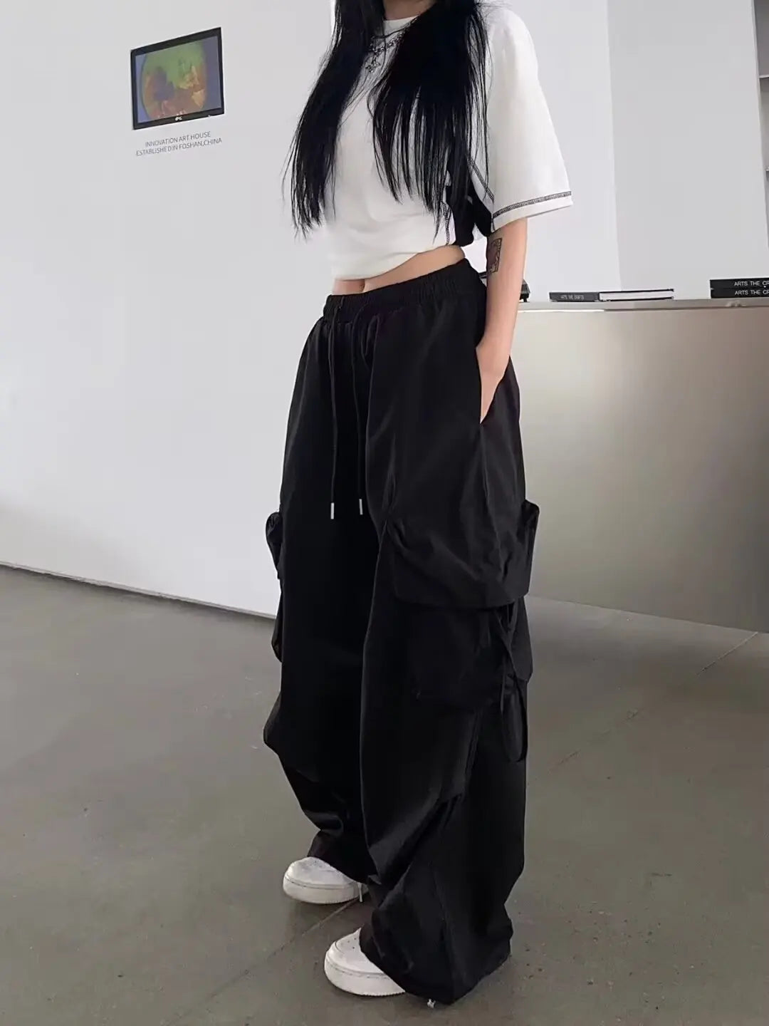 Loose Wide Leg Pants High Street Y2K Retro Hip Hop Solid Sweatpant Casual Women Cargo Commute Jogger Trousers
