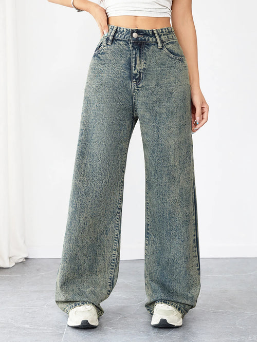 Chic Loose Fit Wide Leg Denim Jeans for Women High Waist Flattering Pants