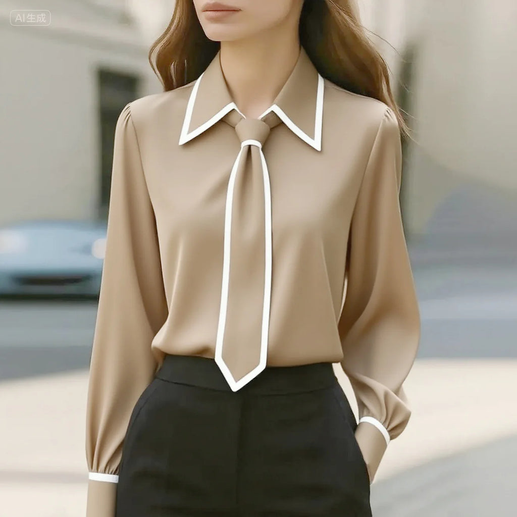 Blouse Fashion Shirt Formal Bow Tie Long-sleeve Contrasting