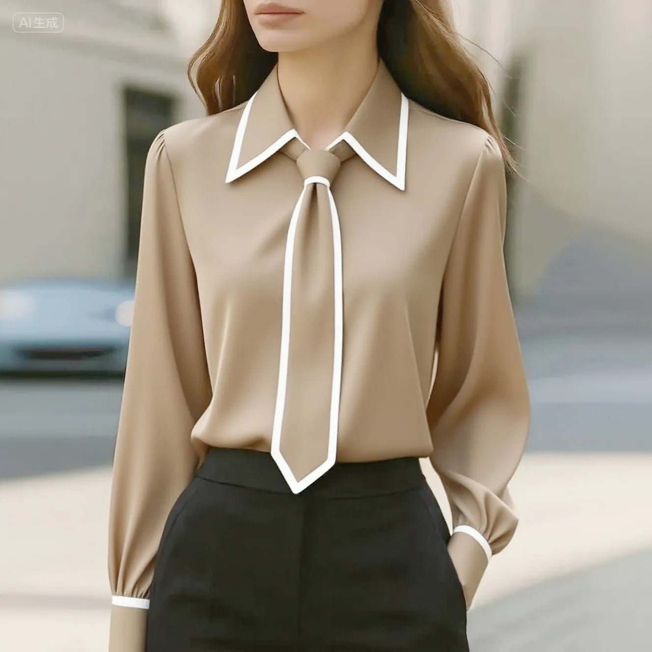 Blouse Fashion Shirt Formal Bow Tie Long-sleeve Contrasting