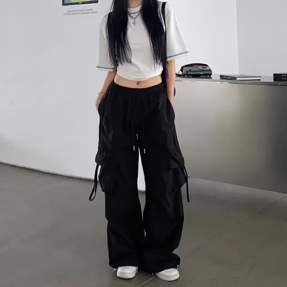 Loose Wide Leg Pants High Street Y2K Retro Hip Hop Solid Sweatpant Casual Women Cargo Commute Jogger Trousers