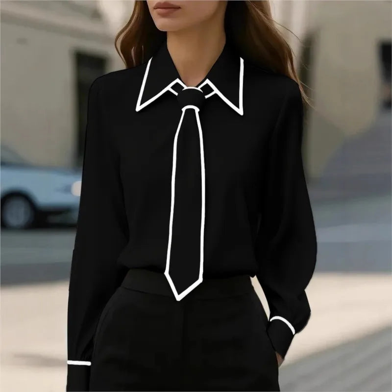 Blouse Fashion Shirt Formal Bow Tie Long-sleeve Contrasting