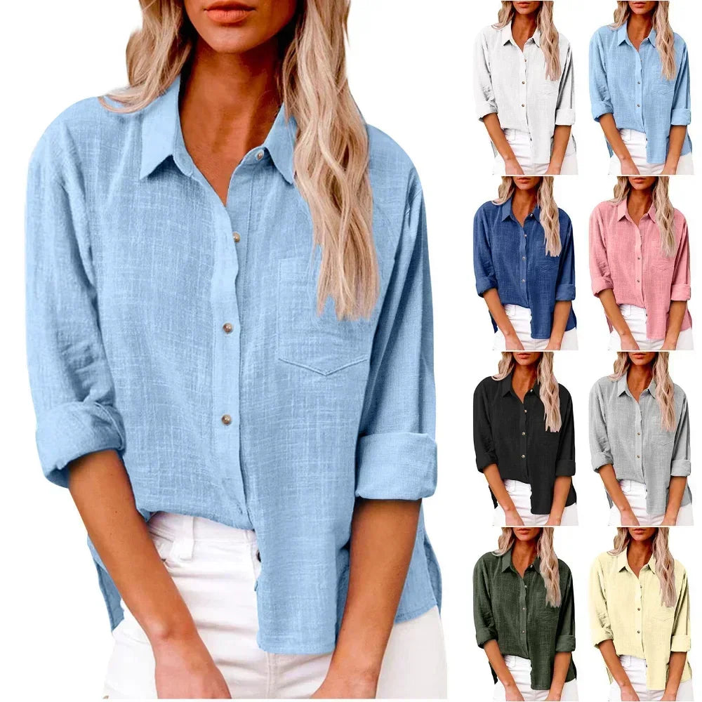 Cotton Linen Long Sleeve Shirts for Women T Shirt Solid Fashion T-Shirt