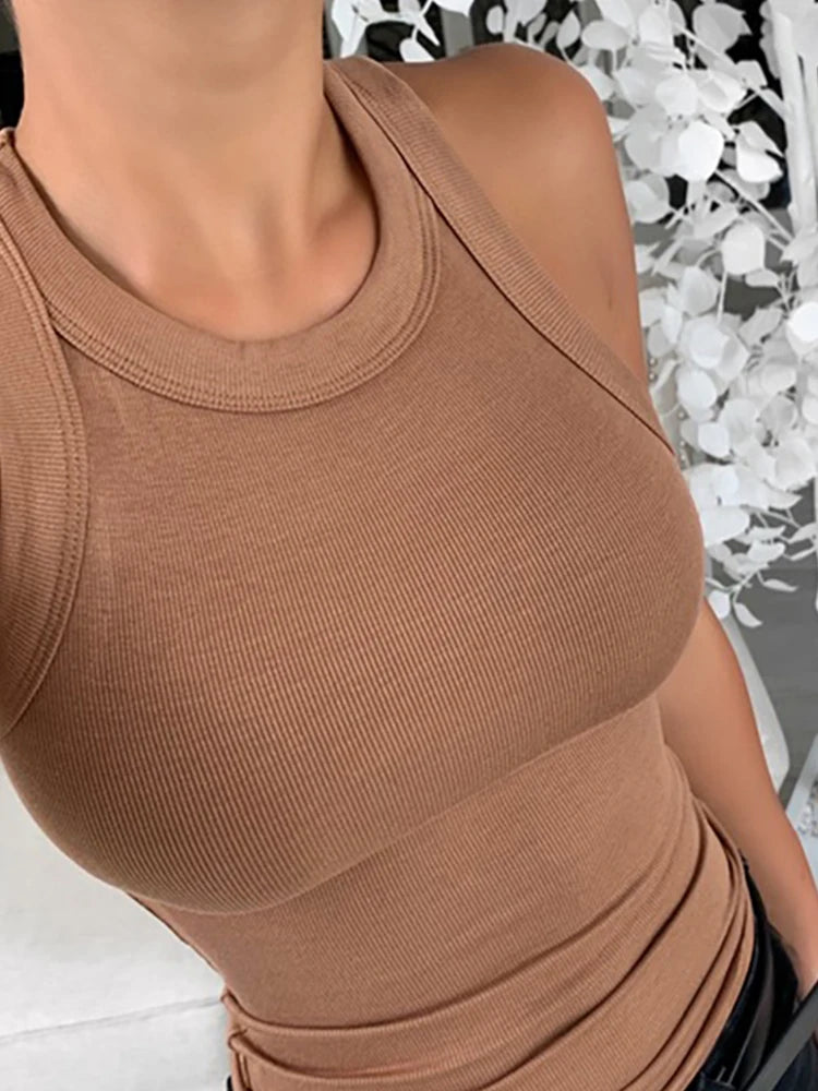Solid Round Neck Ribbed Tank Top Camisole Women Summer Basic Elastic Tank