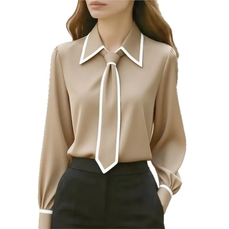 Blouse Fashion Shirt Formal Bow Tie Long-sleeve Contrasting