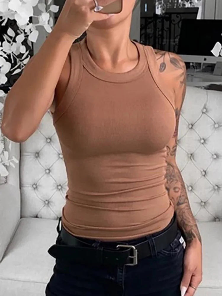 Solid Round Neck Ribbed Tank Top Camisole Women Summer Basic Elastic Tank