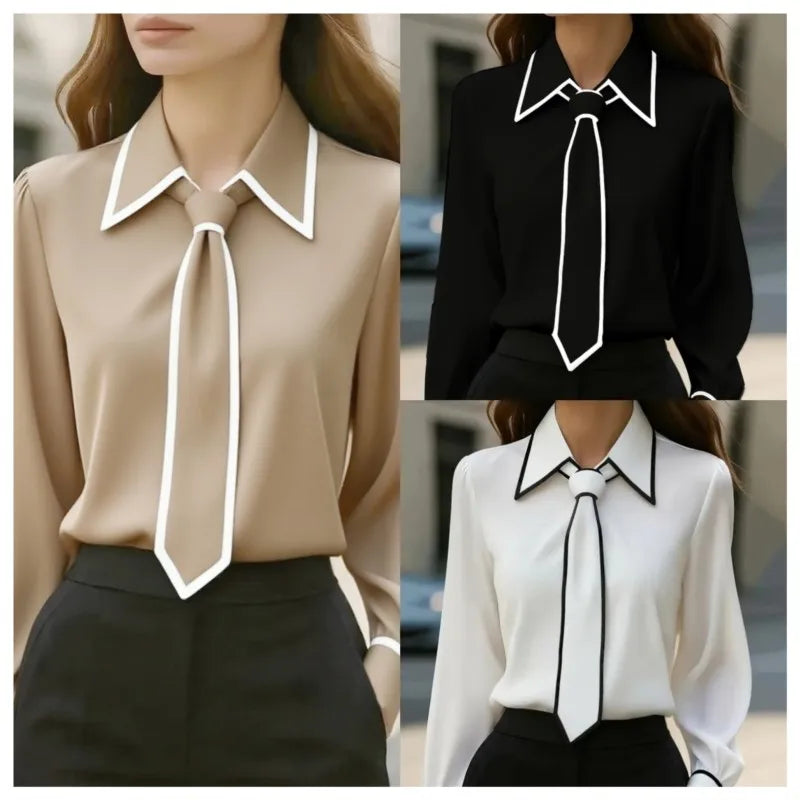 Blouse Fashion Shirt Formal Bow Tie Long-sleeve Contrasting