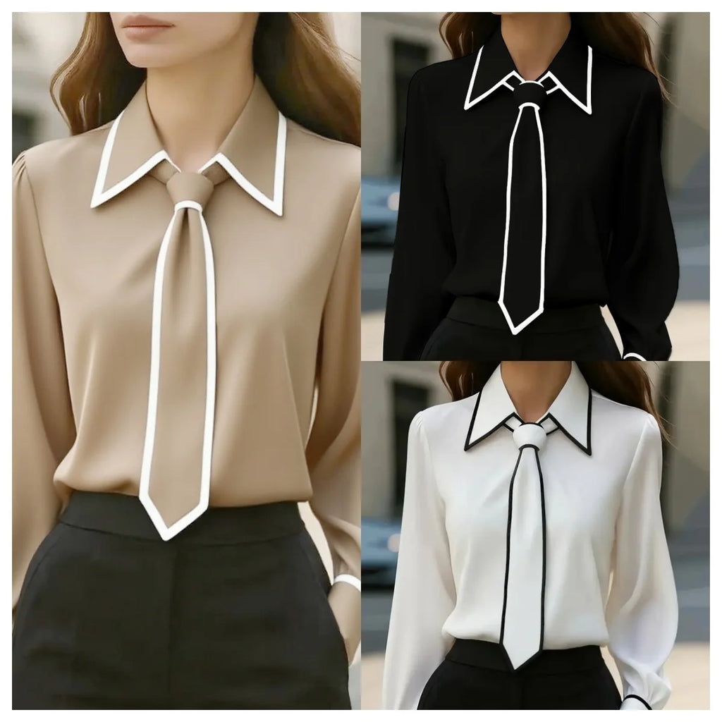 Blouse Fashion Shirt Formal Bow Tie Long-sleeve Contrasting