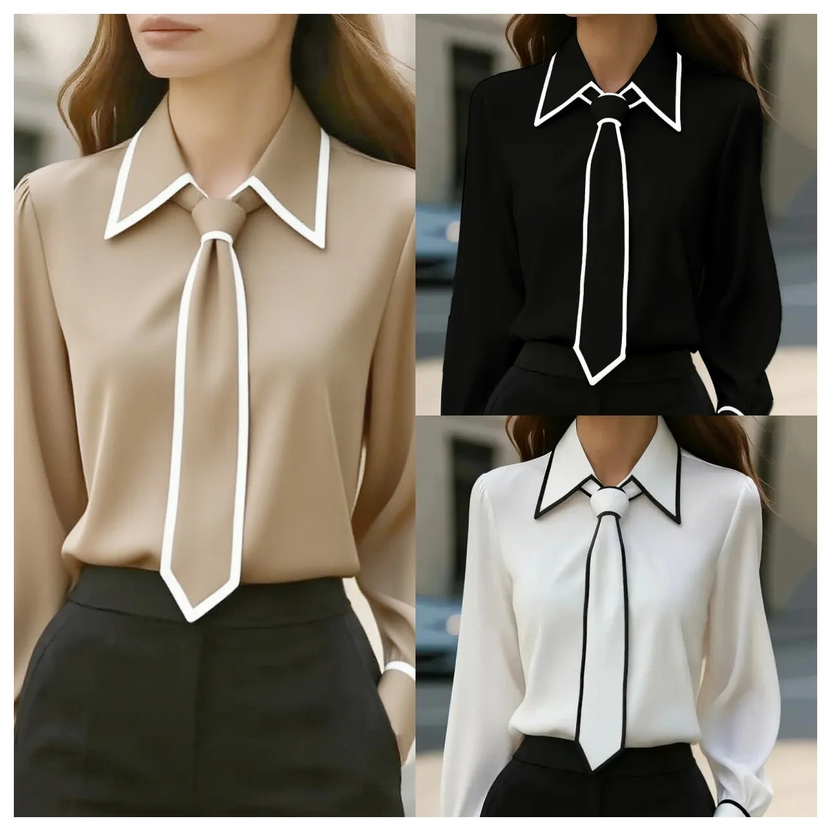 Blouse Fashion Shirt Formal Bow Tie Long-sleeve Contrasting