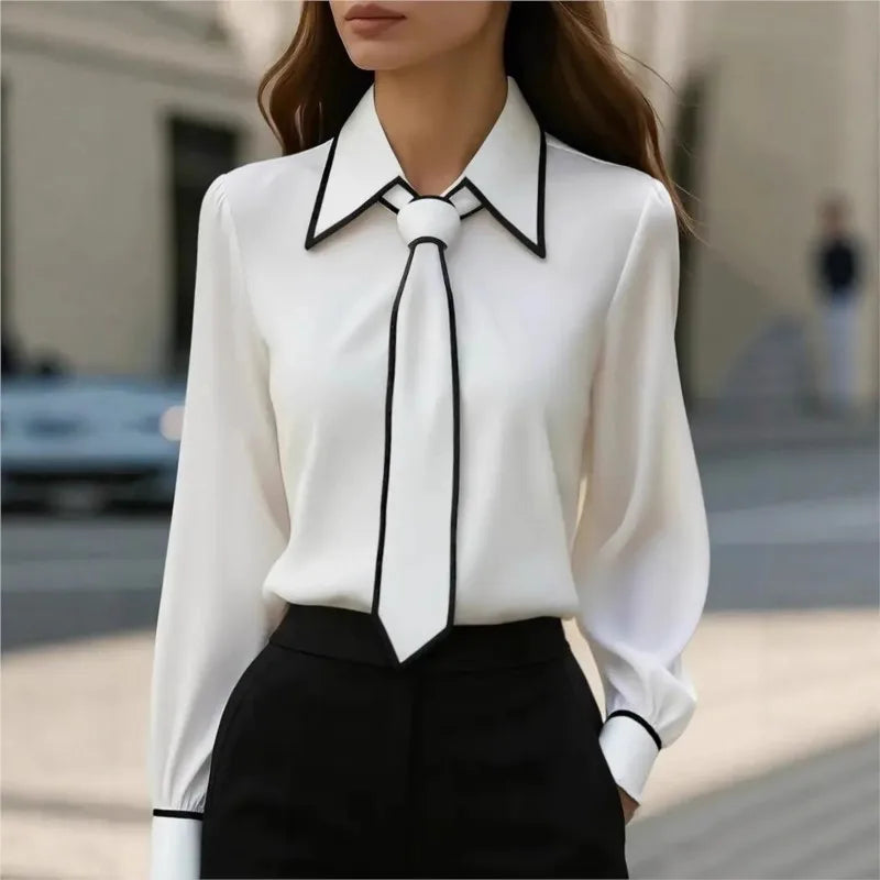Blouse Fashion Shirt Formal Bow Tie Long-sleeve Contrasting