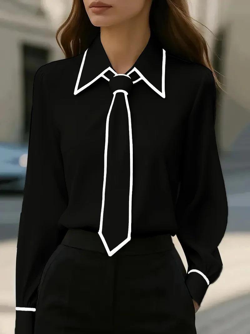 Blouse Fashion Shirt Formal Bow Tie Long-sleeve Contrasting
